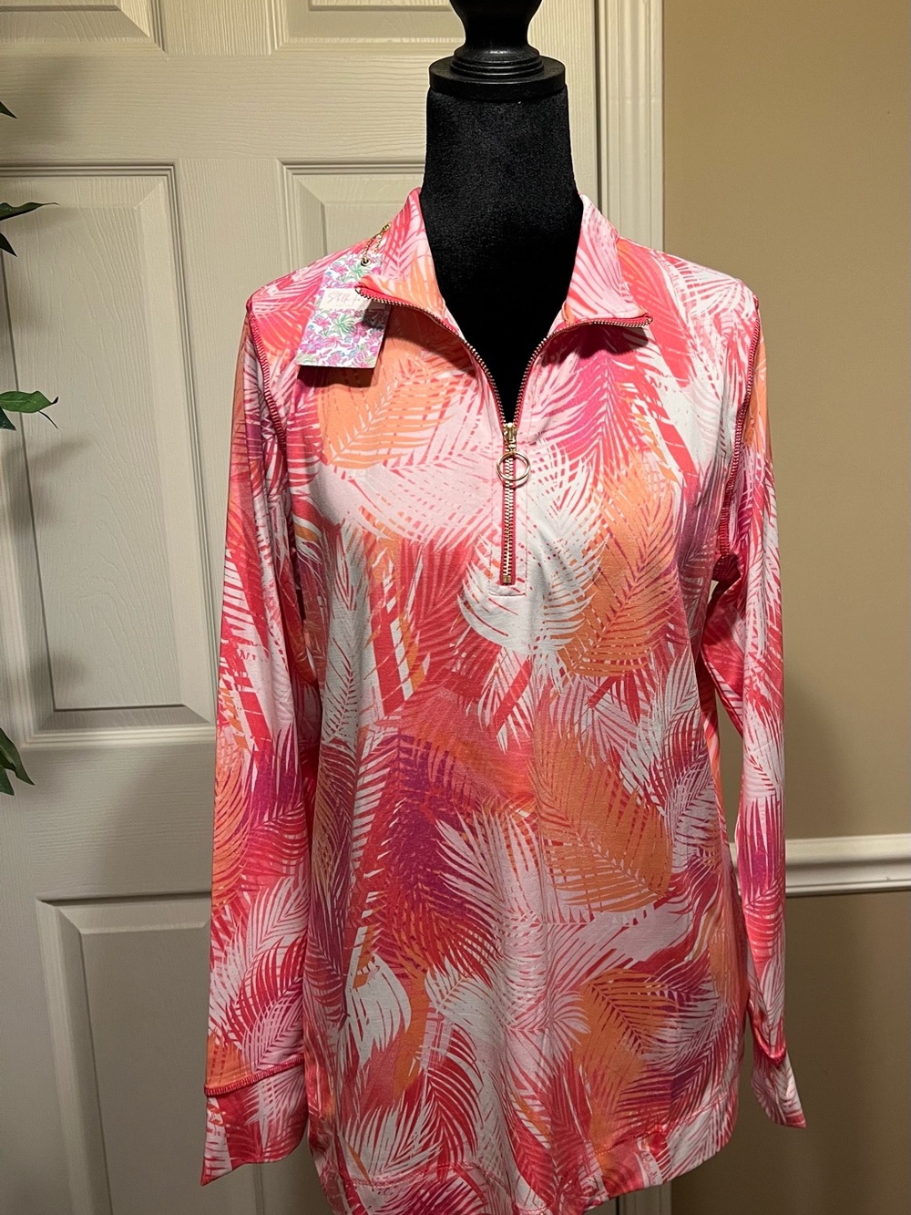 NWT Stella Parker Long Sleeve Cover-Up Zip Pullover - Pink Orange Palm Print